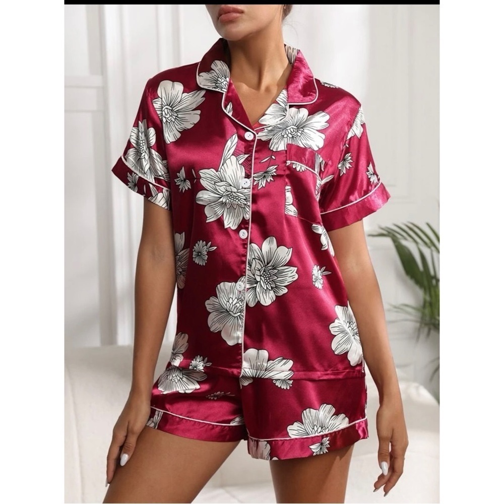 SHEIN Burgundy Floral Satin Pajama Set Short Sleeve Button Down Shirt Shorts L